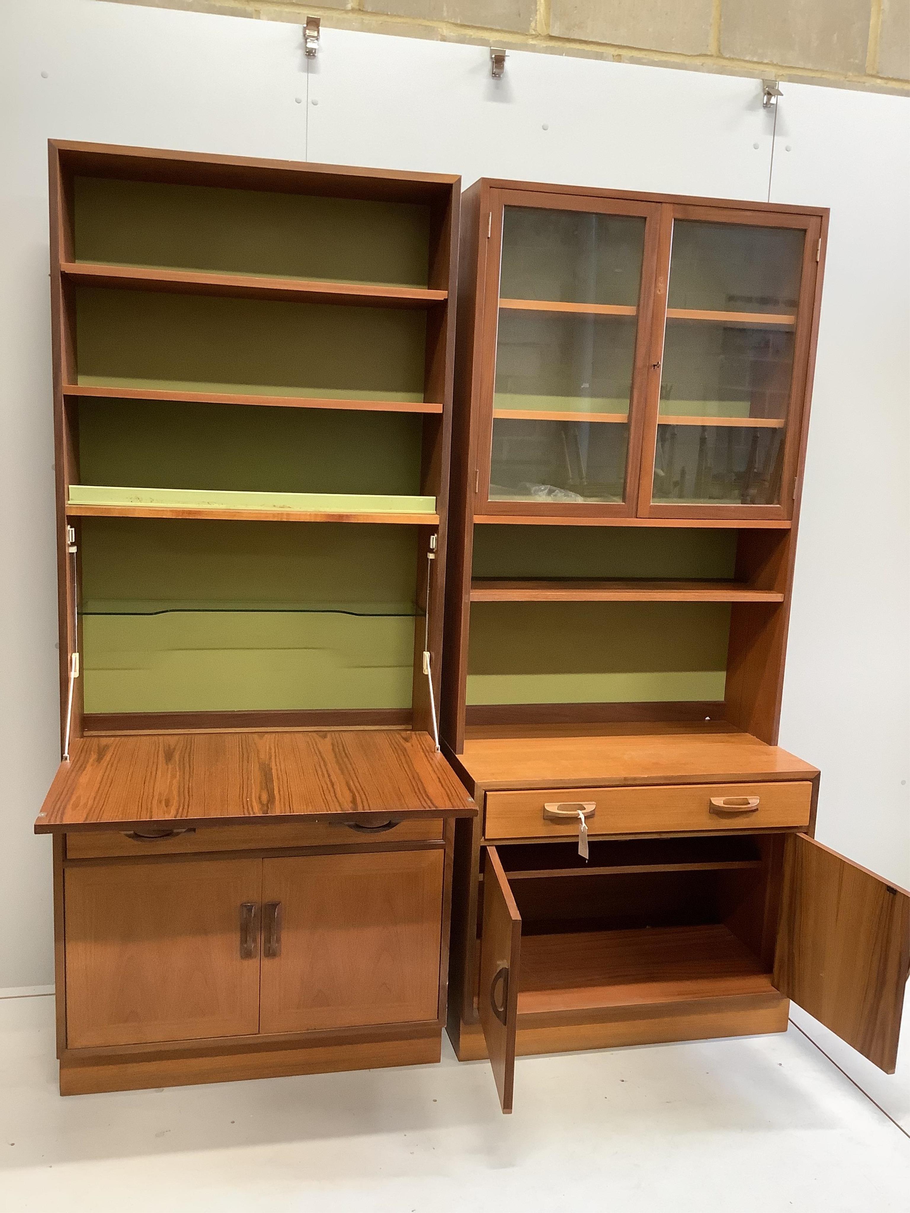Two mid century teak side cabinets, each width 84cm, depth 46cm, height 198cm